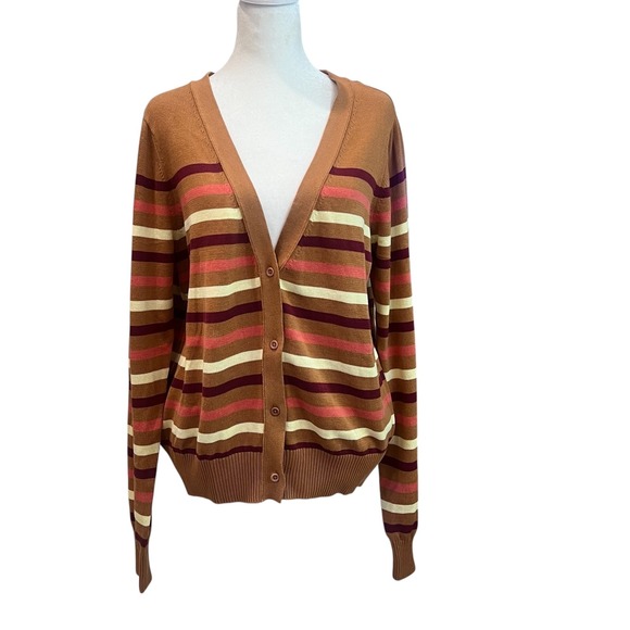 Pact Striped Cardigan Brown Coral White Burgundy V Neck Knit Sweater Large L - Picture 1 of 7